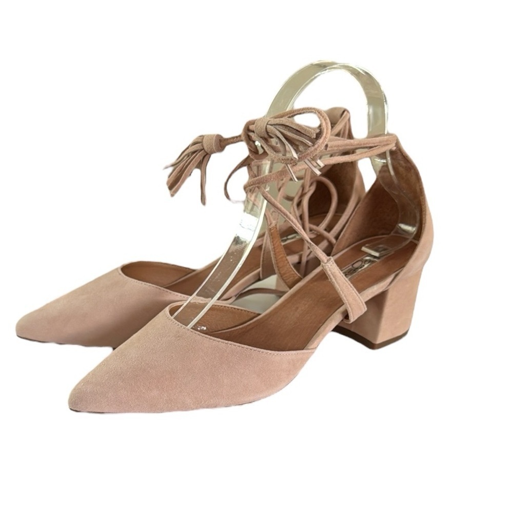 Halogen Hairis-Lea pink suede ankle tie wrap around 2 inch chunky heels shoes